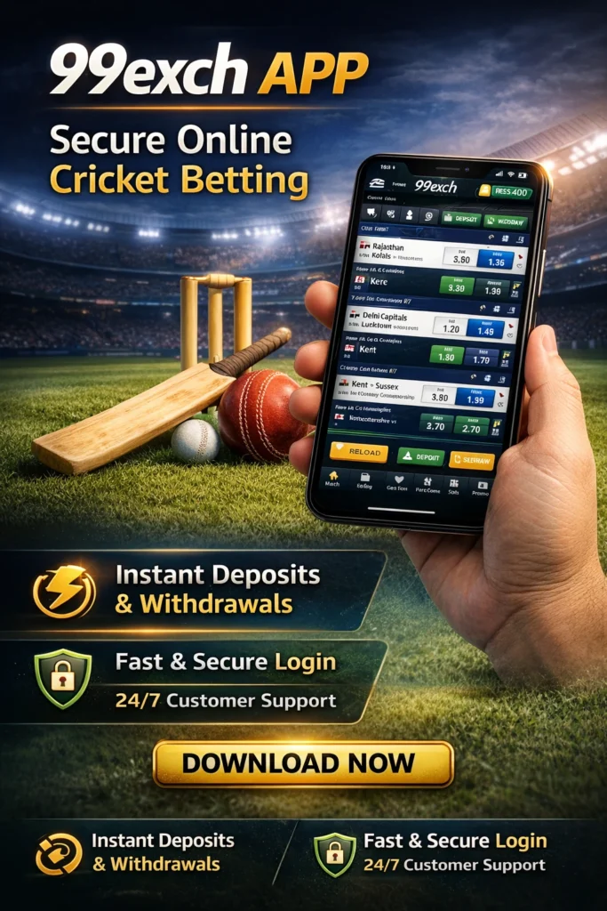 99exch app promotional image showing mobile cricket betting interface on smartphone with cricket stadium background and features such as instant deposits and secure login.