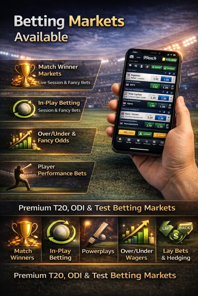 Image showing 99exch cricket betting markets with smartphone interface and cricket stadium background featuring match winner, in-play betting, over/under, player performance, and hedging markets.
