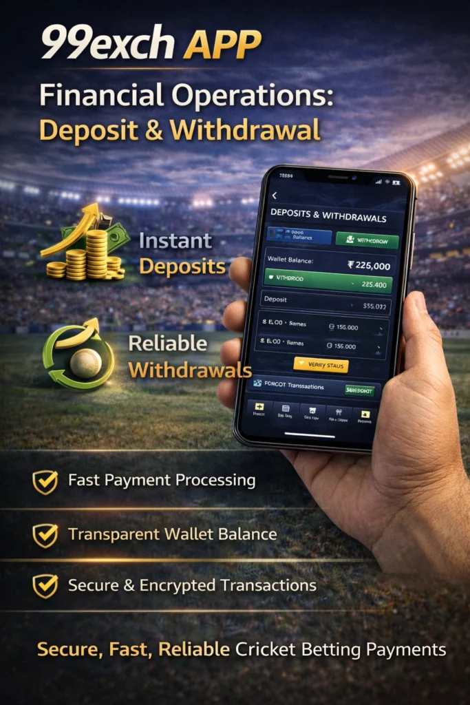 Image showing 99exch financial operations with smartphone wallet interface and features for instant deposits, reliable withdrawals, fast payment processing, and secure encrypted transactions.
