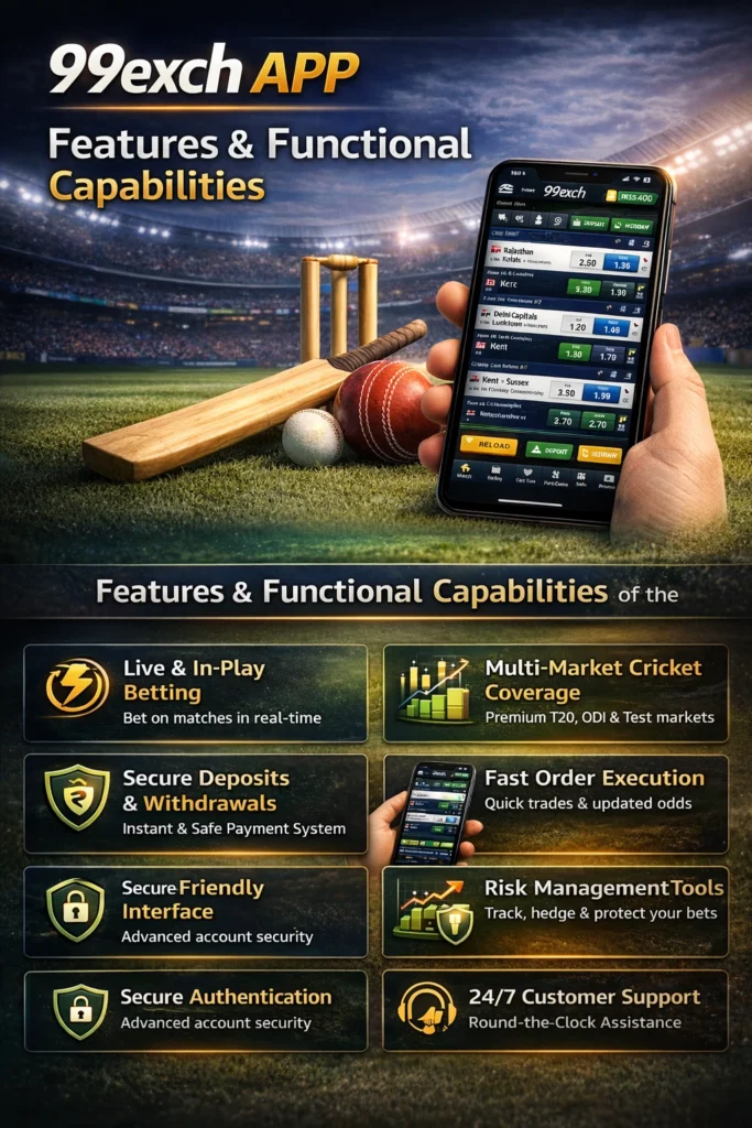 99exch app features showcased with cricket stadium background and smartphone interface displaying live betting markets along with secure payments, execution speed, authentication, and 24/7 support elements.