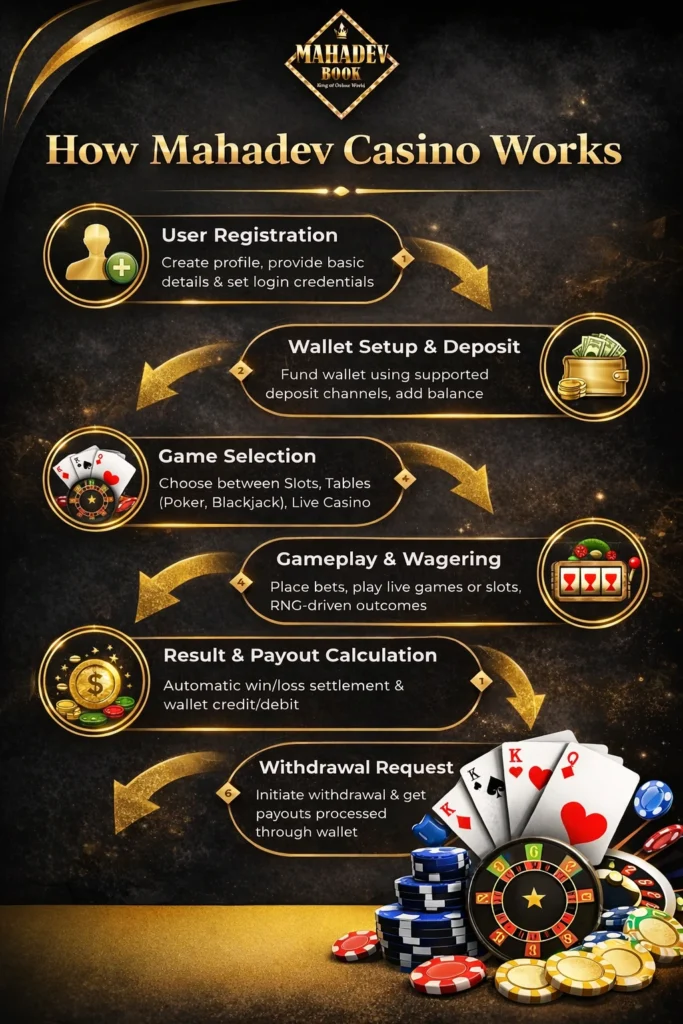 Infographic showing how Mahadev Casino works through registration, wallet deposit, game selection, gameplay and withdrawal steps