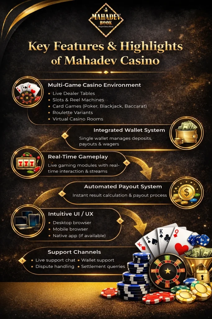 Infographic showing key features and highlights of Mahadev Casino including gameplay, wallet system, payouts, UI and support channels