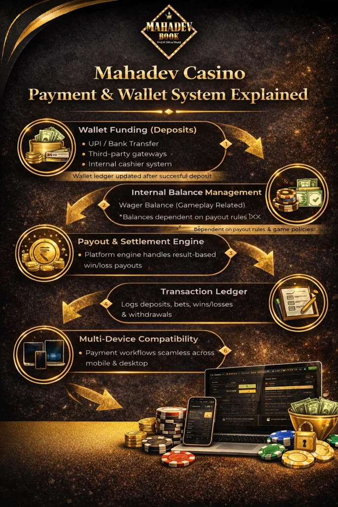 Infographic explaining Mahadev Casino payment and wallet system including deposits, balance management, payouts, ledger and device compatibility