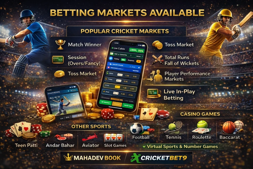 Betting markets available on Mahadev Book and CricketBet9 showing cricket odds, casino games, virtual sports and live betting options