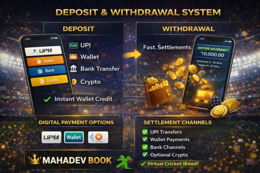 Deposit and withdrawal system for Mahadev Book and CricketBet9 showing UPI, wallet, bank and crypto settlement options