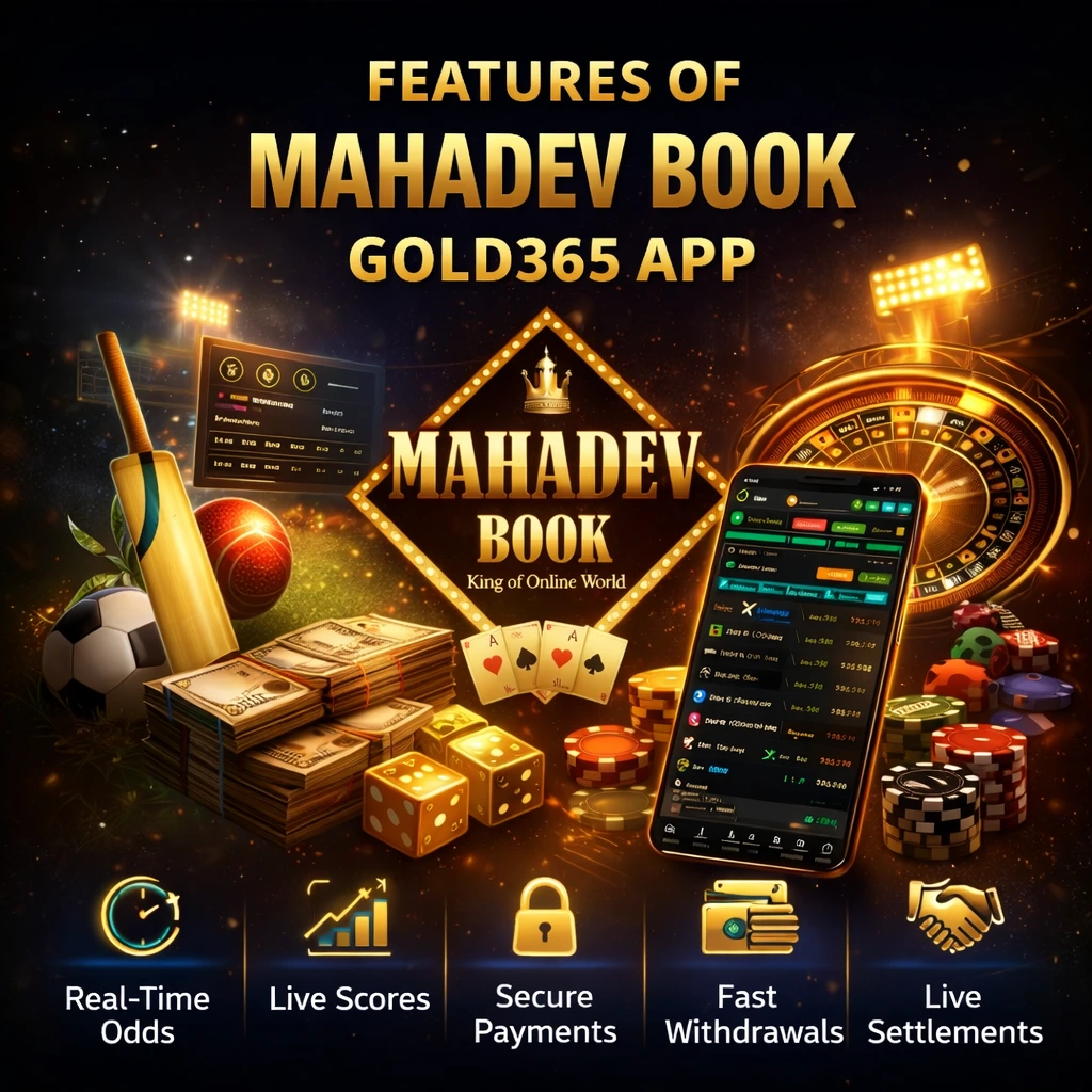 Features of Mahadev Book Gold365 App with logo, betting interface, cricket elements, casino graphics, and feature icons