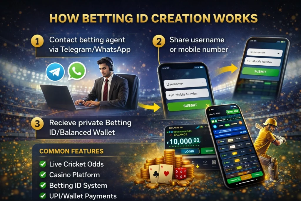 Step-by-step infographic explaining how betting ID creation works for cricket betting and casino platforms
