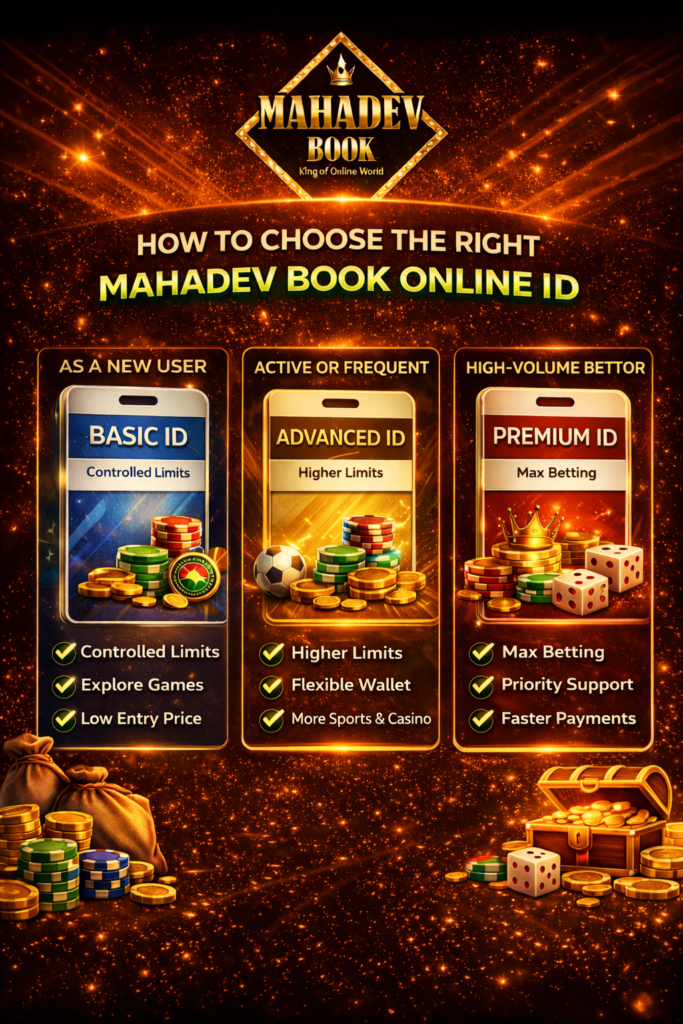 Infographic comparing Basic, Advanced, and Premium Mahadev Book Online ID options with features and recommended user types.