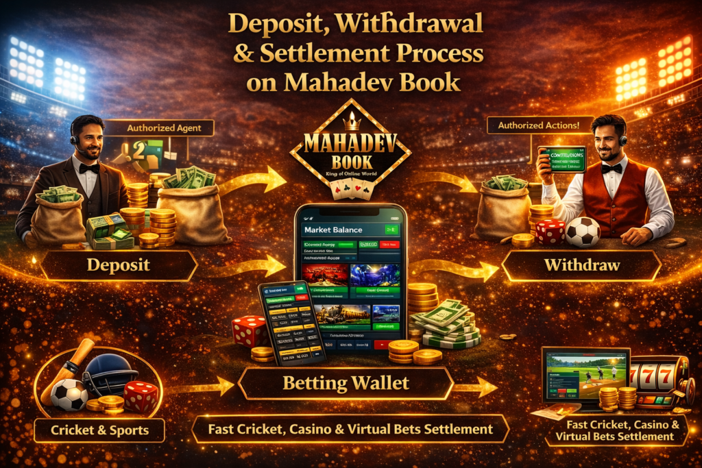 Mahadev Book deposit and withdrawal workflow infographic showing agent deposits, betting wallet, withdrawals, and fast cricket, casino and virtual bet settlements with platform logo.