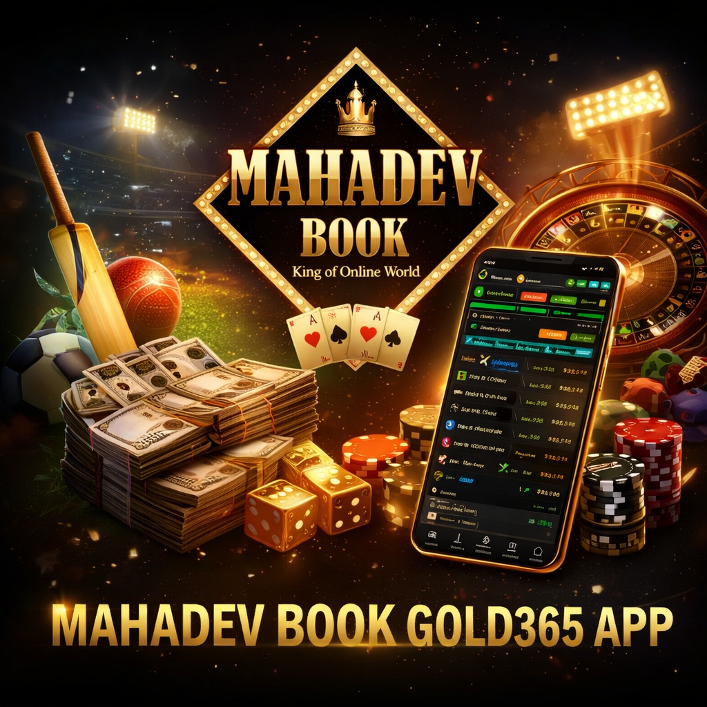 Mahadev Book Gold365 App logo with cricket, casino elements, sports icons, cash, and betting interface