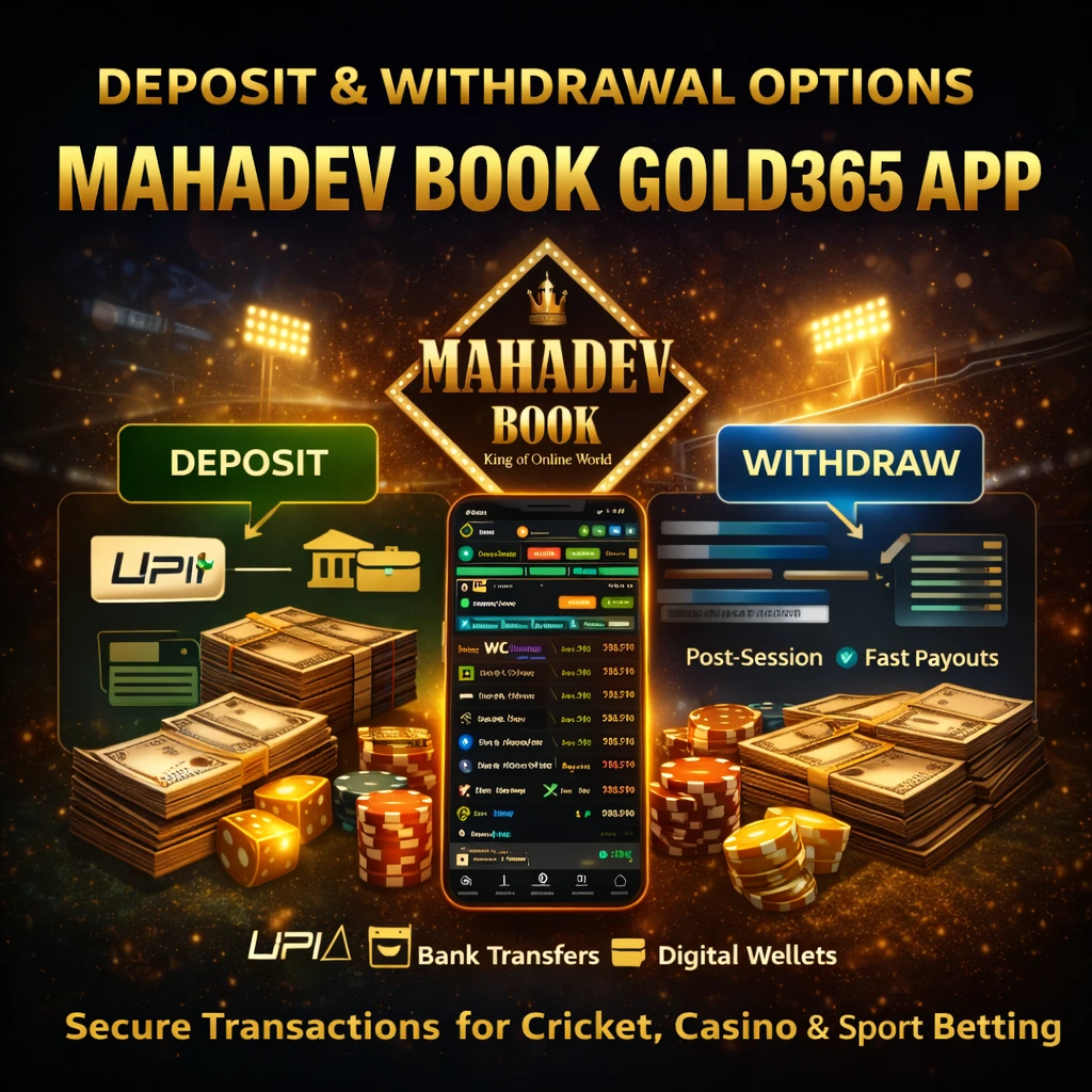 Deposit and withdrawal features of Mahadev Book Gold365 App with UPI, bank transfer, digital wallet, and fast payout visuals
