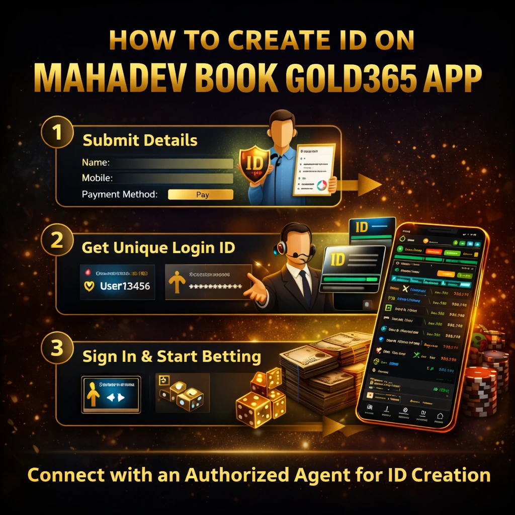 User ID creation process on Mahadev Book Gold365 App with login access and secure onboarding visuals