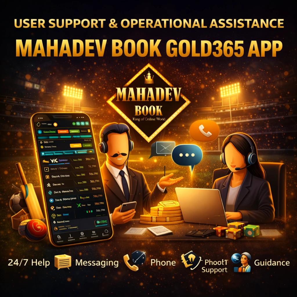 Customer support and operational assistance for Mahadev Book Gold365 App with agents, communication icons, and betting interface visuals