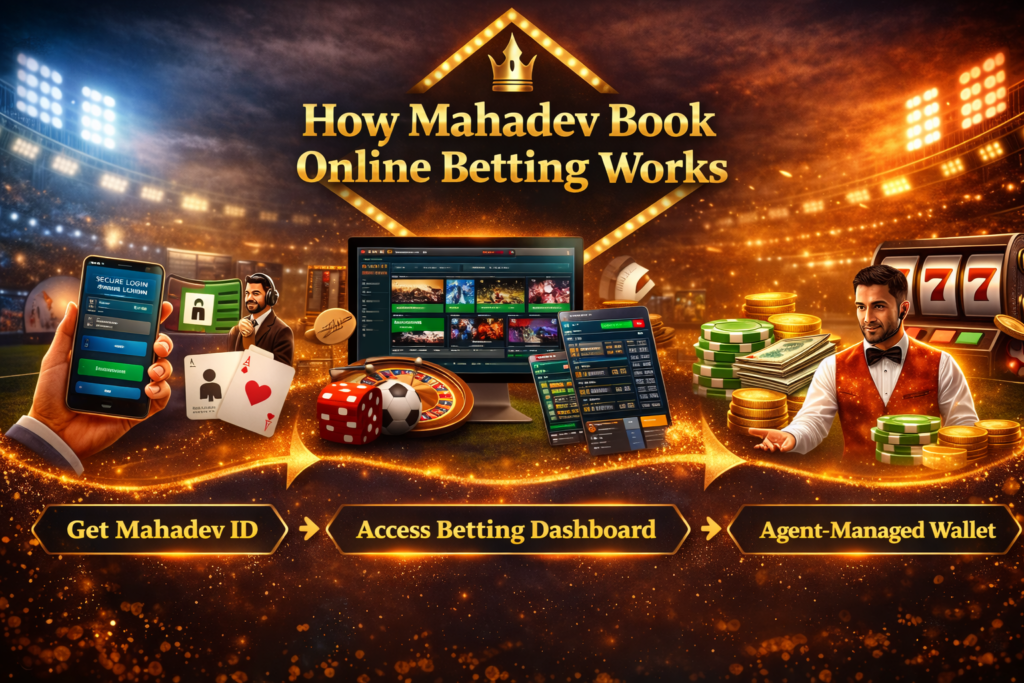 Mahadev Book betting workflow graphic showing steps for obtaining ID, accessing betting dashboard, placing bets, and agent-managed wallet settlements.
