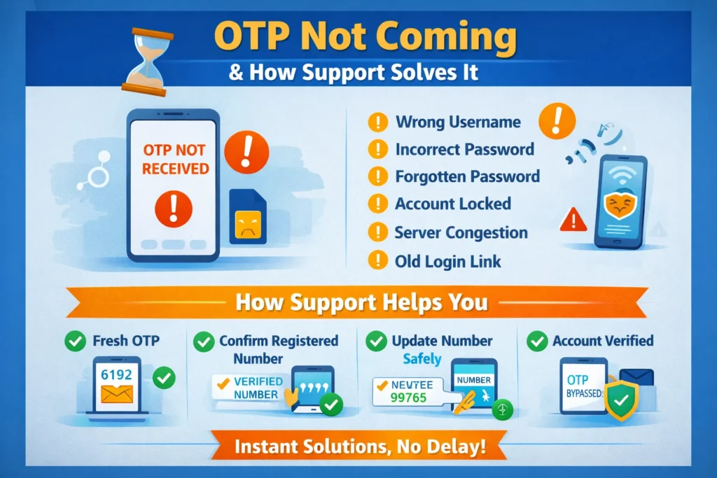 “Mahadev Book OTP not coming infographic explaining why OTP fails and how official support fixes it.”