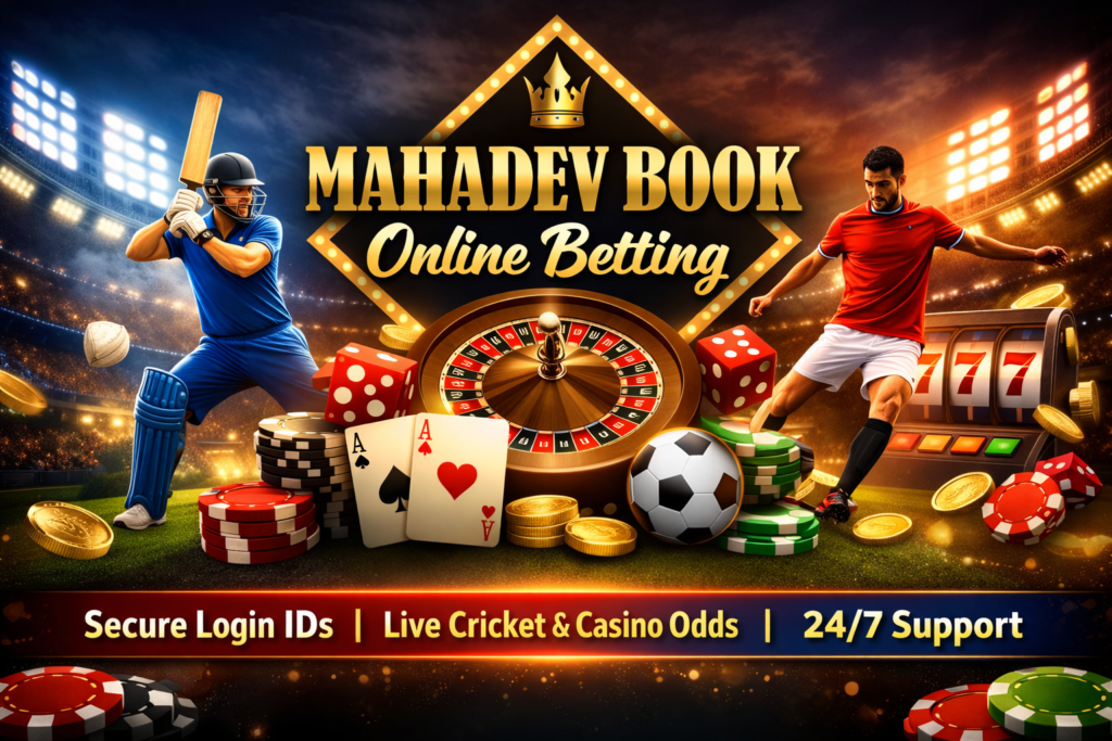 Mahadev Book online betting promotional banner with cricket player, football player, casino roulette, and chips showing secure login and live odds.