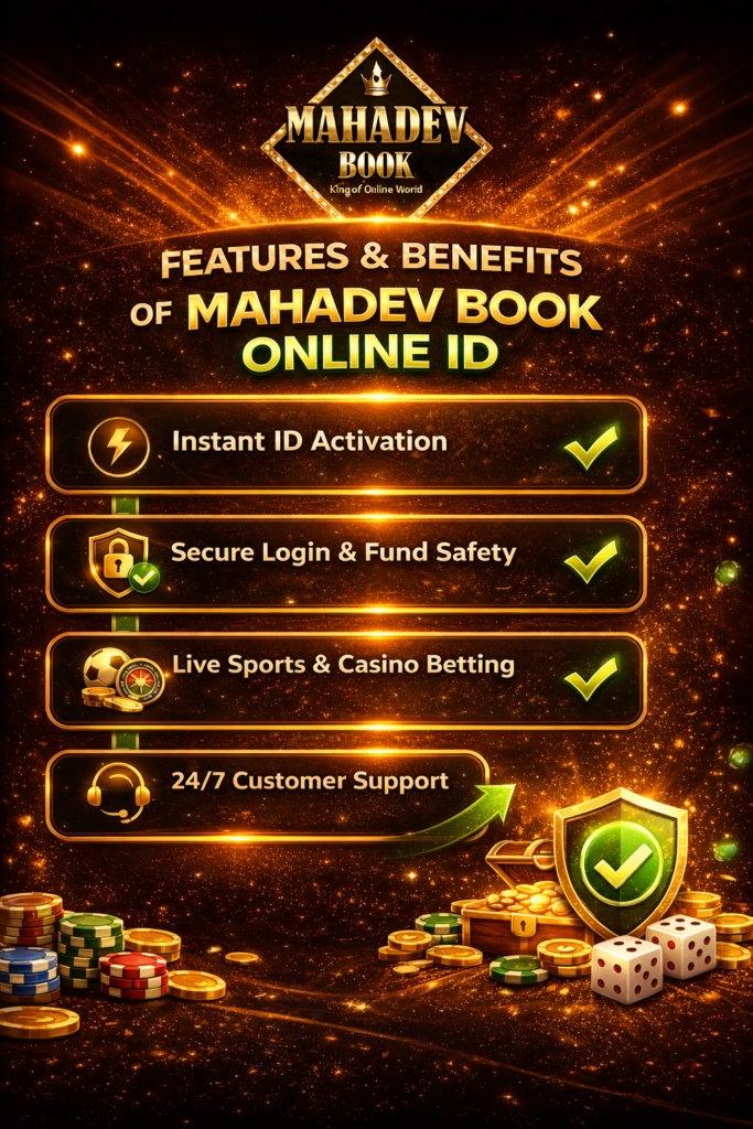 Mahadev Book Online ID promotional graphic highlighting features like instant activation, secure login, live betting, and 24/7 support.