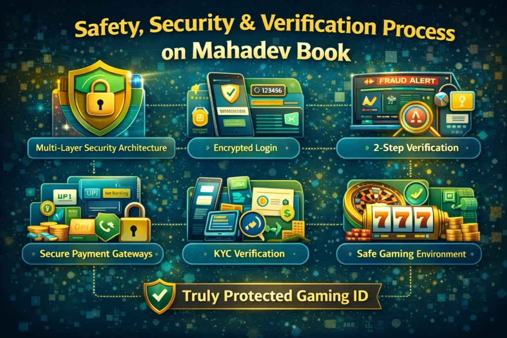Infographic showing safety features like multi-layer security, encrypted login, KYC, fraud alerts, and secure payments.