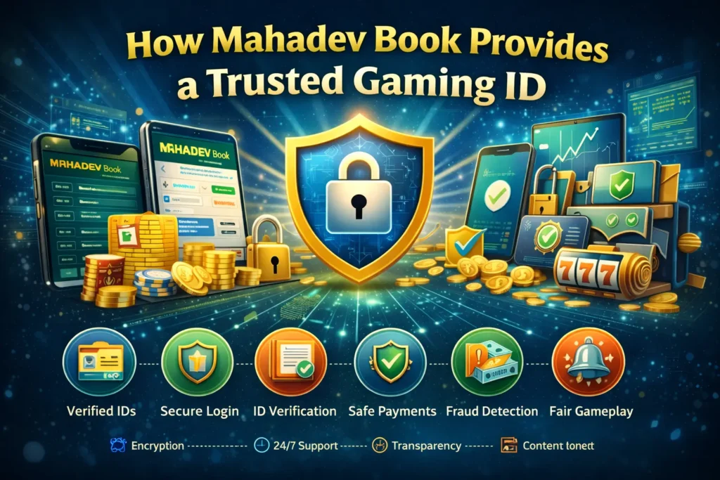 Security-focused illustration showing shield lock icon, encryption, fraud detection, verified gaming ID, and safe payment systems.