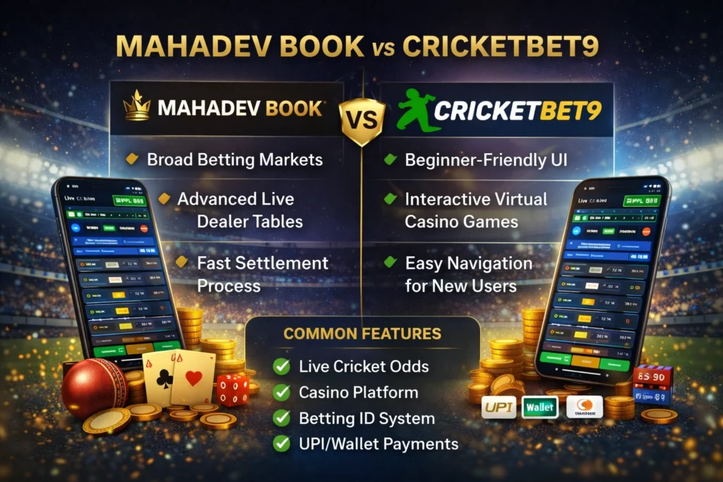 Comparison between Mahadev Book and CricketBet9 showing betting features, live odds and casino platforms