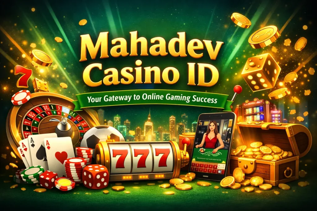 Mahadev Casino ID introduction banner with casino elements, gold coins, slot machine 777, live dealer, and gaming icons.