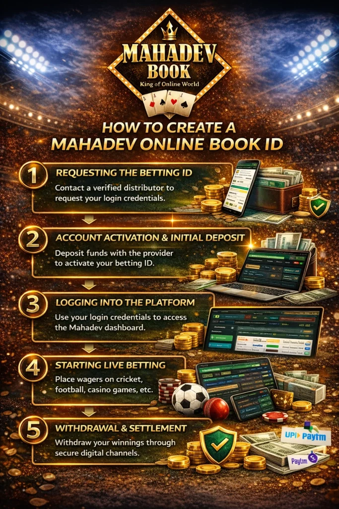 Infographic showing how to create a Mahadev Online Book betting ID