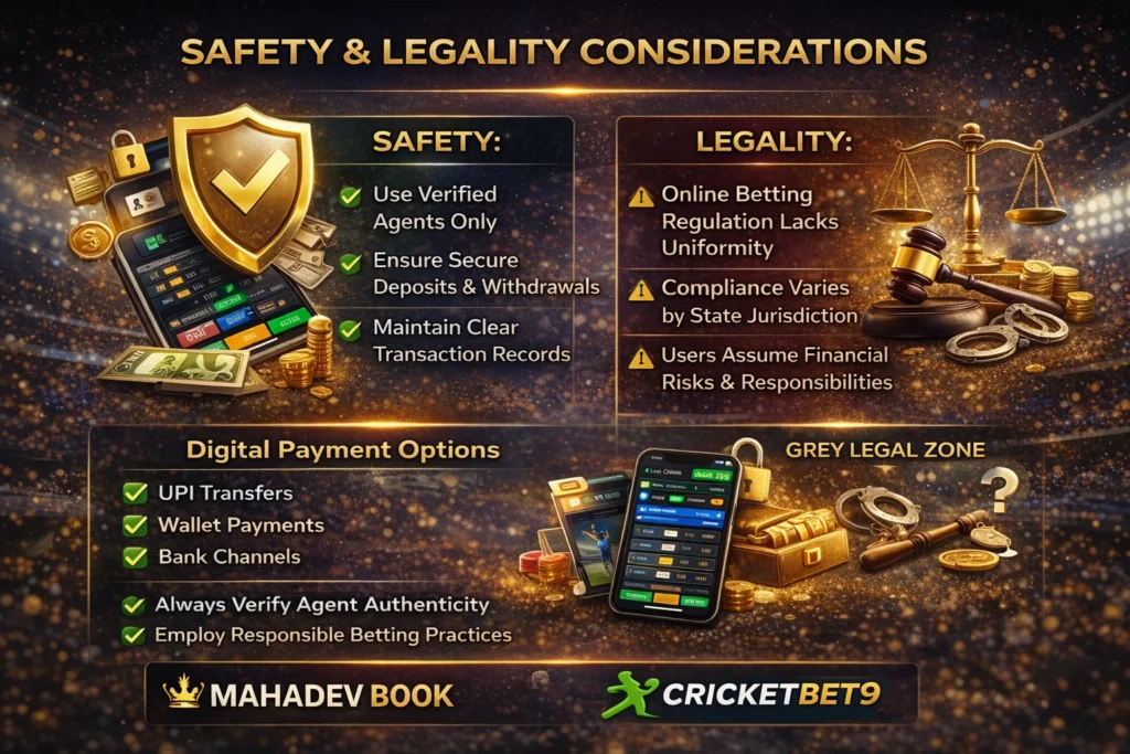 Safety and legality considerations for Mahadev Book and CricketBet9 including verified agents, secure payments and regulatory grey zone