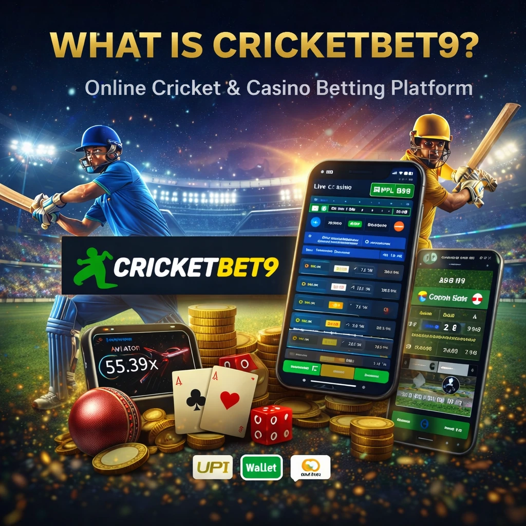 CricketBet9 platform with live cricket betting, casino interface, and mobile odds display