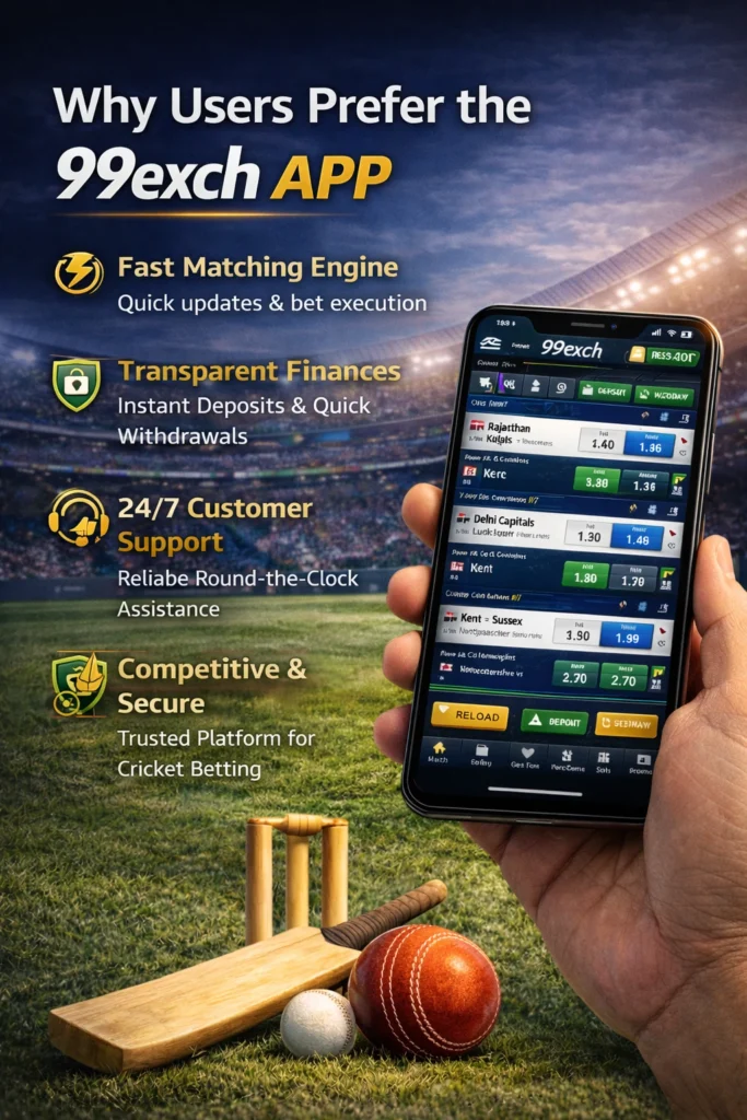 Promotional image explaining why users prefer the 99exch cricket betting app, showing smartphone interface with live betting odds, cricket stadium background, and icons representing fast execution, transparent payments, customer support, and secure operations.