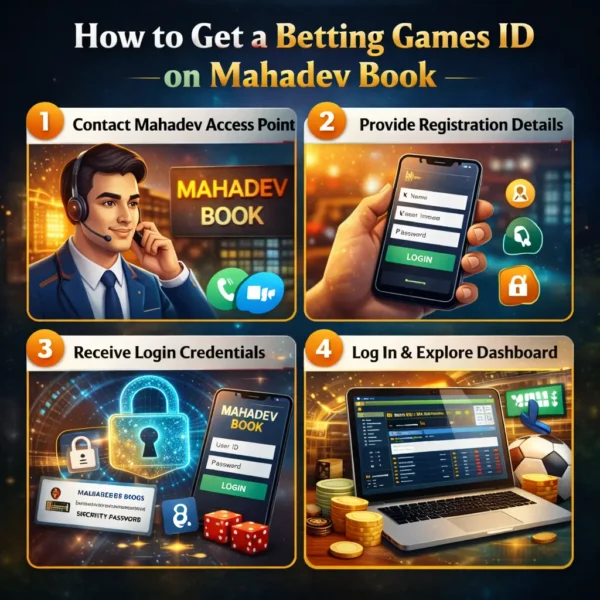 Illustrated step-by-step guide to creating a Betting Games ID on Mahadev Book, showing contacting support, registration, receiving credentials, and logging in.