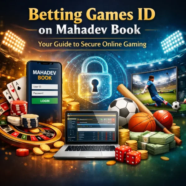 Mahadev Book online gaming illustration showing mobile app, casino items, sports equipment, and a digital padlock representing secure Betting Games ID access.