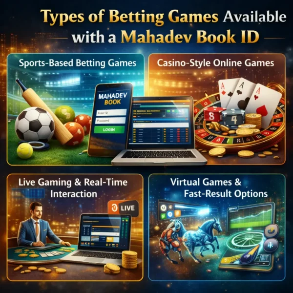 Infographic showing four types of betting games on Mahadev Book: Sports Betting, Casino Games, Live Gaming, and Virtual Games, connected through a central Betting Games ID.