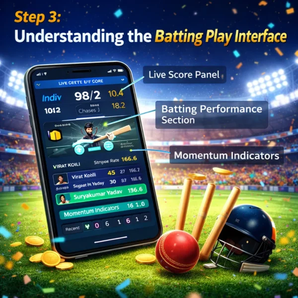 Batting Play interface showing live score panel, batting performance section, and momentum indicators during a cricket match