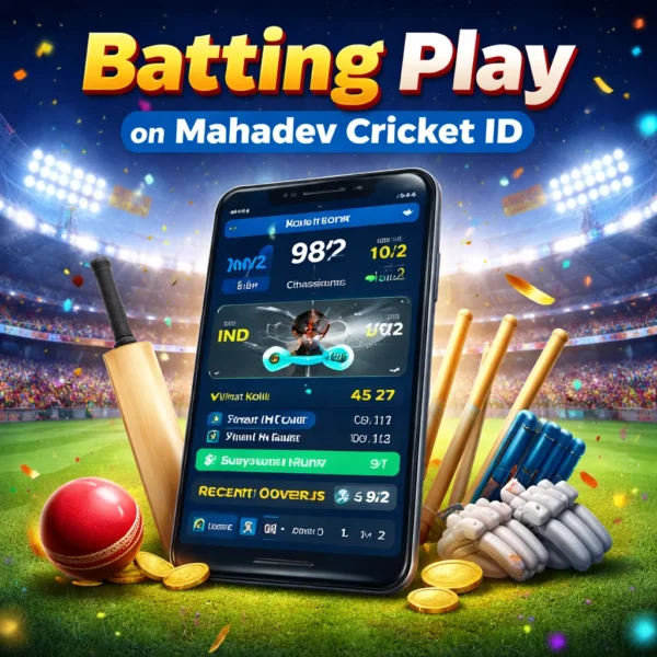 Batting Play interface on Mahadev Cricket ID showing live cricket action and real-time batting updates on a mobile screen