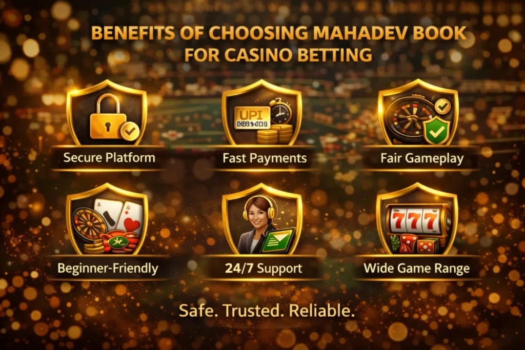 Icons highlighting security, fast payments, fair gameplay, 24/7 support, and beginner-friendly features.