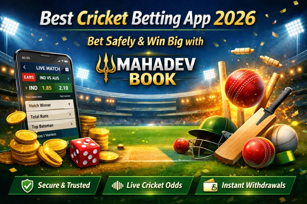 Mahadev Book promotional banner showcasing Best Cricket Betting App 2026 with live cricket odds and secure betting features.