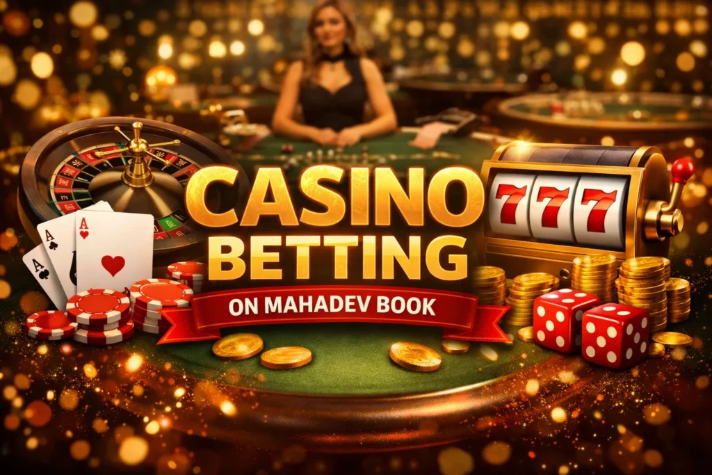 Casino Betting banner showing roulette, slot machine, cards, chips, and “On Mahadev Book” text.