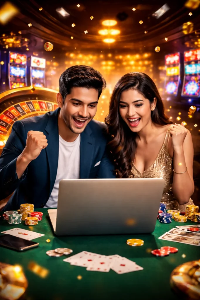 Couple enjoying Casino Play online on Mahadev Book using laptop with poker chips and cards