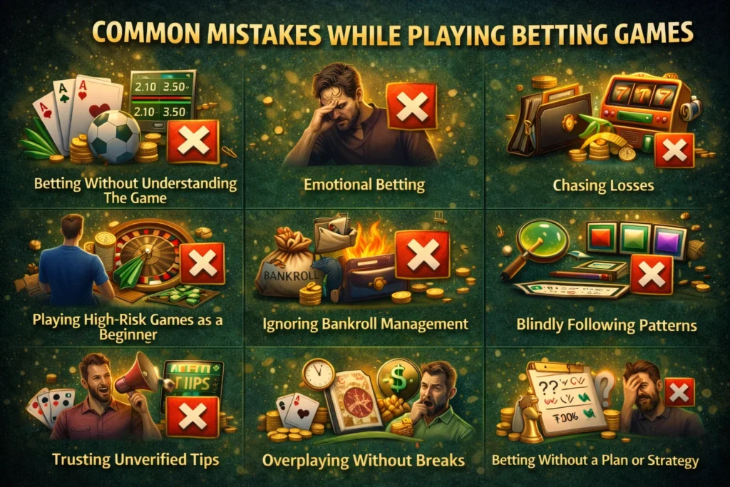 Infographic displaying common betting mistakes such as emotional betting, chasing losses, high-risk games, ignoring bankroll management, and overplaying.