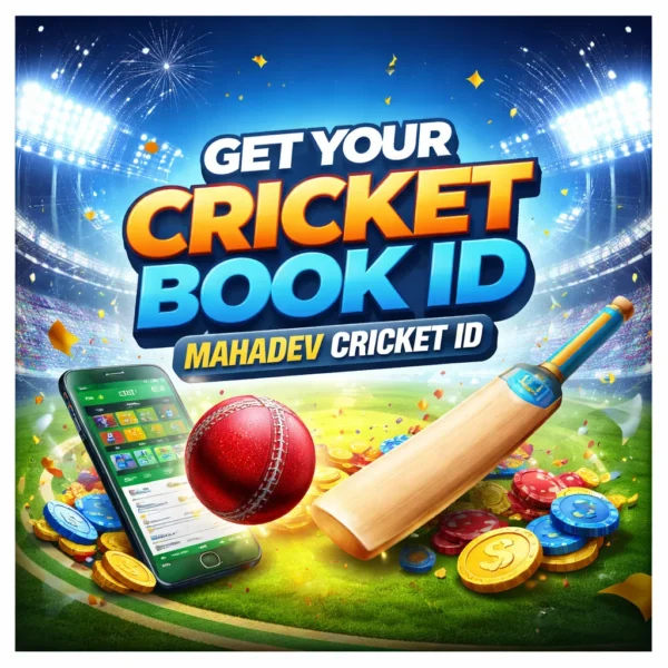 Cricket Book ID on Mahadev Cricket ID platform introduction graphic with cricket bat, ball and mobile dashboard