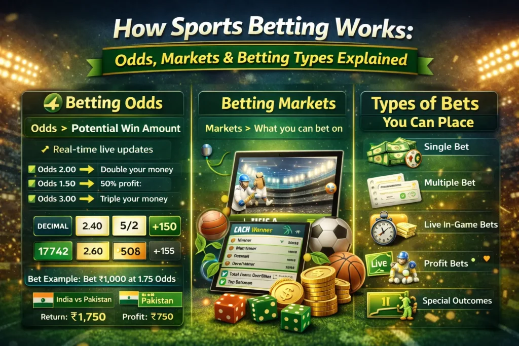Sports betting odds markets and bet types infographic for Mahadev Book users