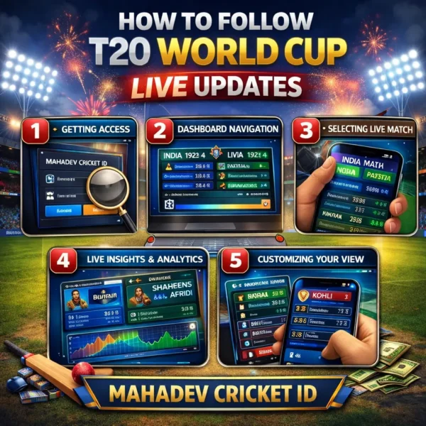Step-by-step guide showing how to follow T20 World Cup Live updates using Mahadev Cricket ID dashboard and mobile interface.