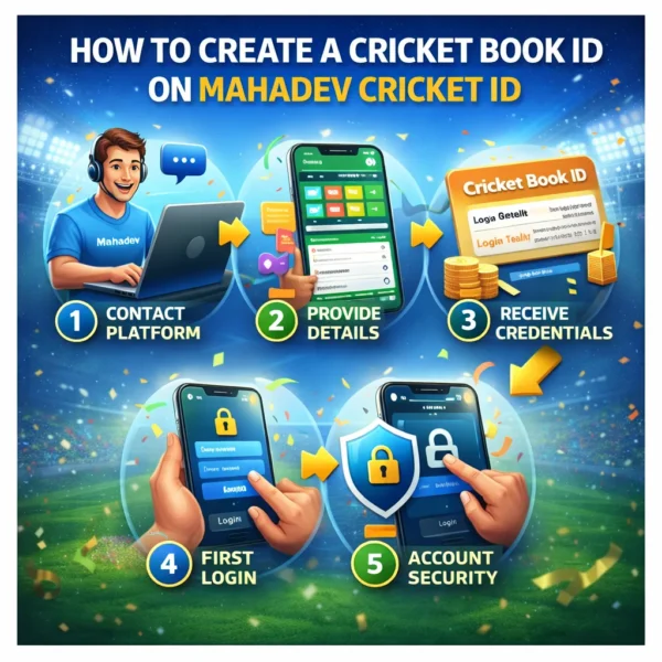 Step by step infographic showing how to create a Cricket Book ID on Mahadev Cricket ID platform with secure setup process