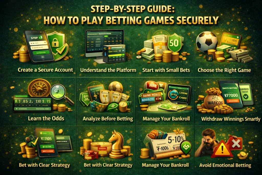 Infographic showing steps such as secure login, small bets, analyzing games, bankroll management, and avoiding emotional betting on Mahadev Book.