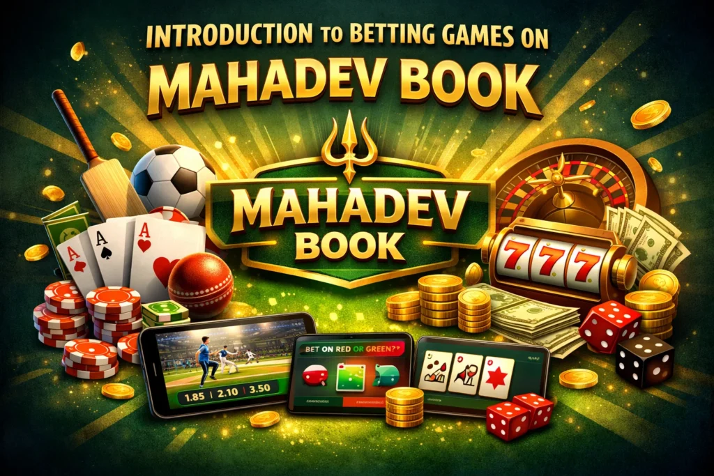 Illustration showing betting games like cricket, casino, cards, roulette, and mobile betting on Mahadev Book.