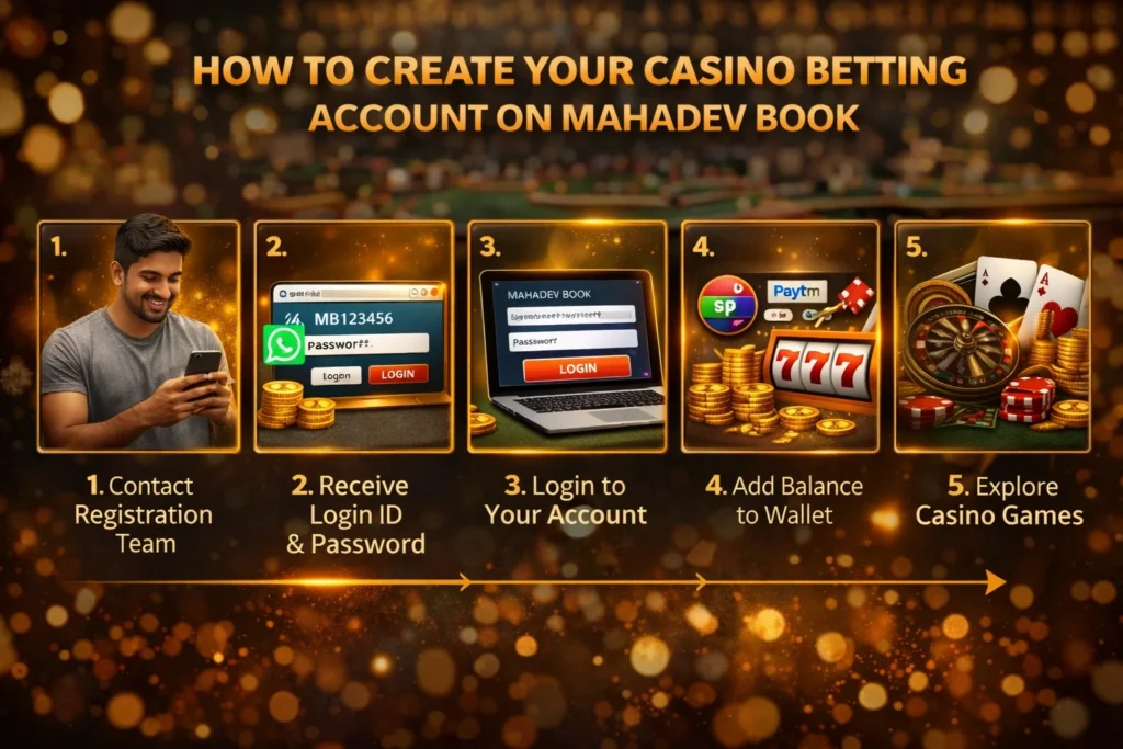 Visual guide showing steps to create a Mahadev Book casino betting account.