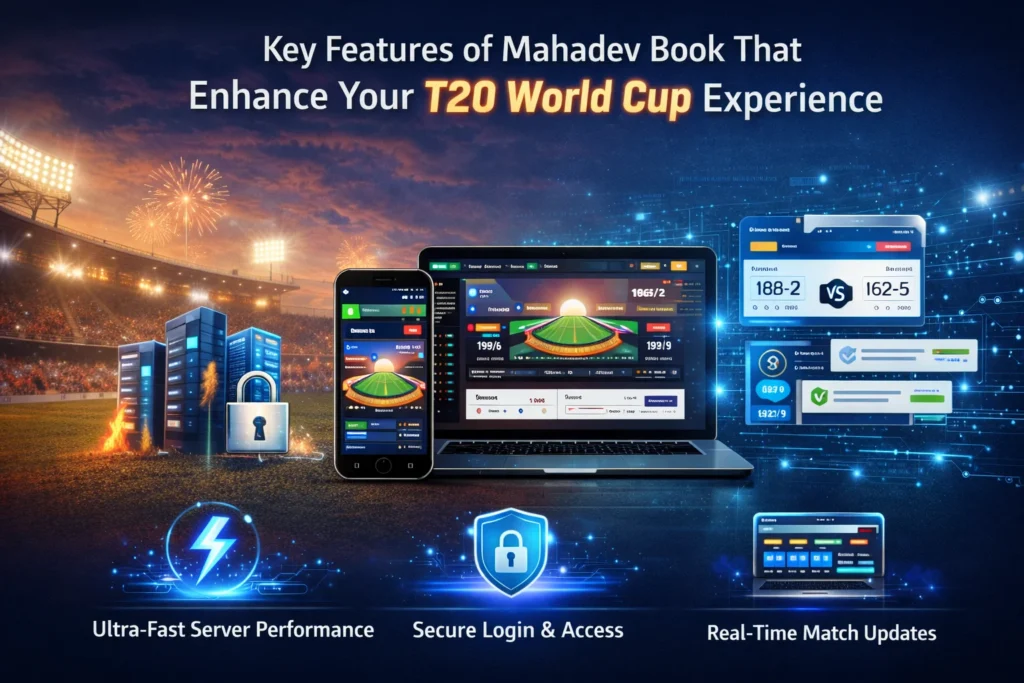 Mahadev Book key features including fast servers, secure login, and real-time T20 World Cup match updates.