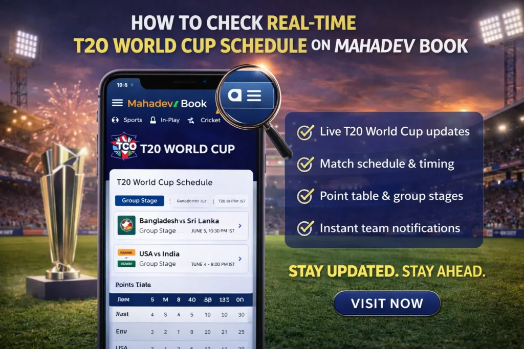 Smartphone showing Mahadev Book interface with live T20 World Cup schedule, match timings, and updates.