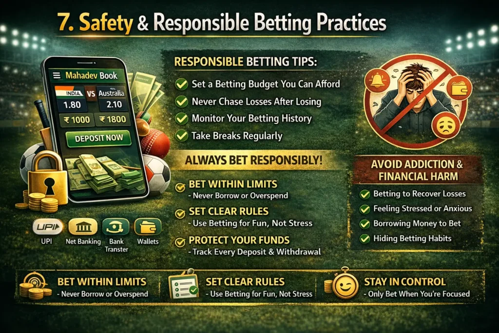 Infographic showing responsible betting tips such as budget control, avoiding addiction and safe online betting practices.