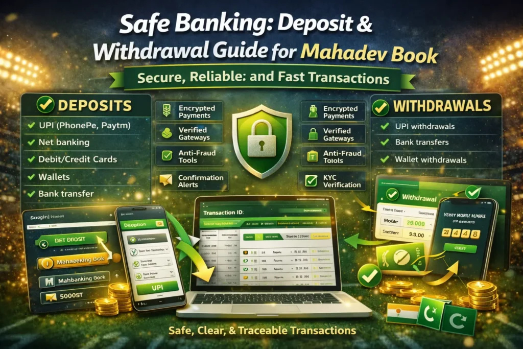 Mahadev Book deposit withdrawal guide infographic with UPI, bank transfer, and security icons